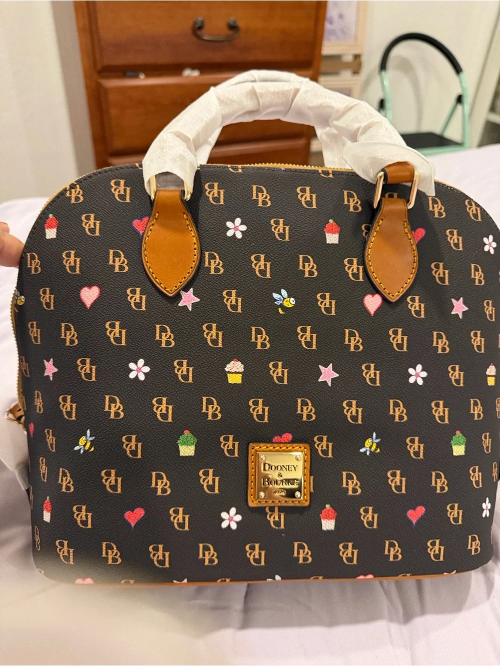 Dooney & Bourke Black Logo Dome Satchel with Colorful Cupcake & Heart Print. New